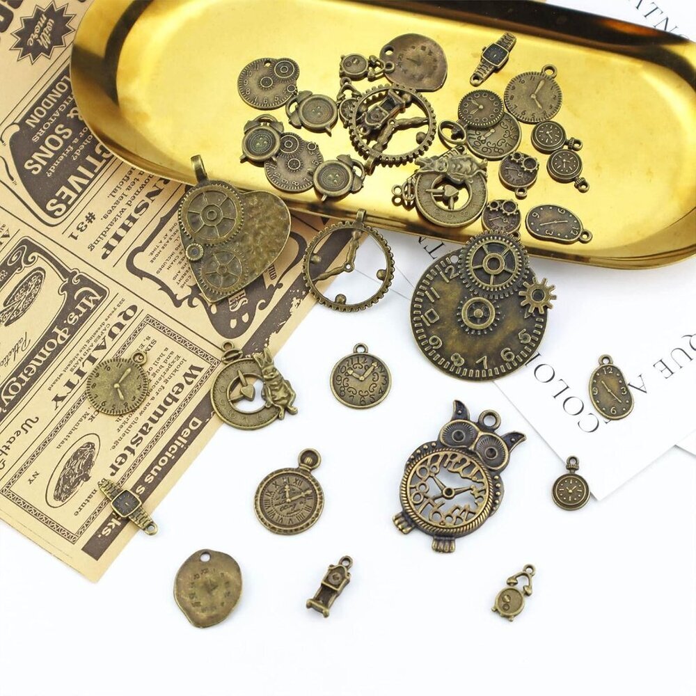 Antiqued Bronze Clock Face Charm Pendant, Wholesale Bulk Lots Mixed Gears Steamp - Picture 3 of 7